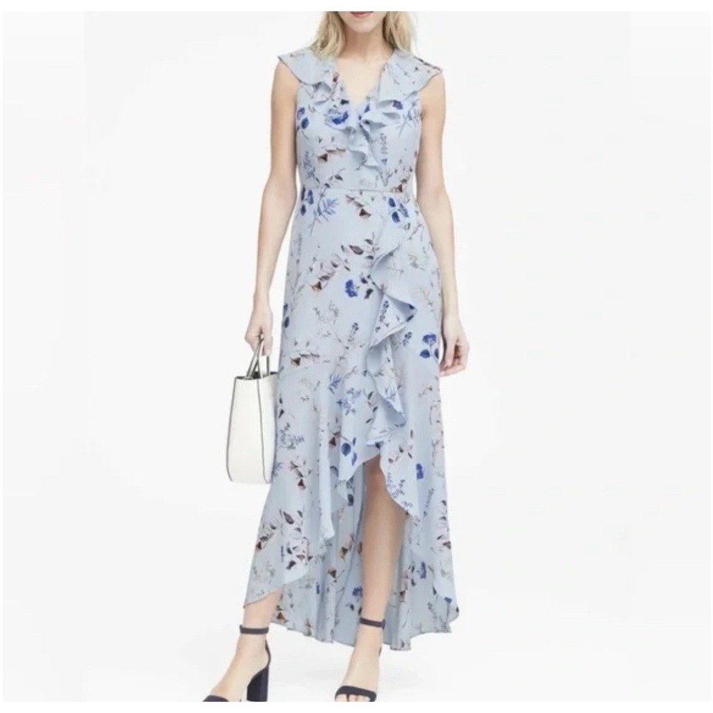 Banana Republic Floral Ruffle‎ High-Low Maxi Dress Blue Sleeveless Size 6 - Picture 5 of 13